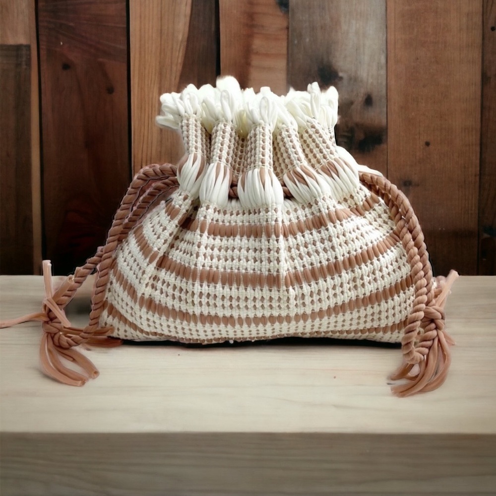 Handmade Stripe Crochet Pouch Cream Beige Tan Brown Pull String Closure Sac Bag